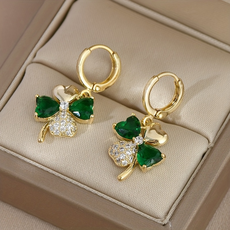 

1 Pair Elegant Simple Clover Earrings, Green Glass Mosaic, Zinc Alloy With Stainless Steel Post, Charm Jewelry For Women, Ideal For & Gift-, 's Day Accessory