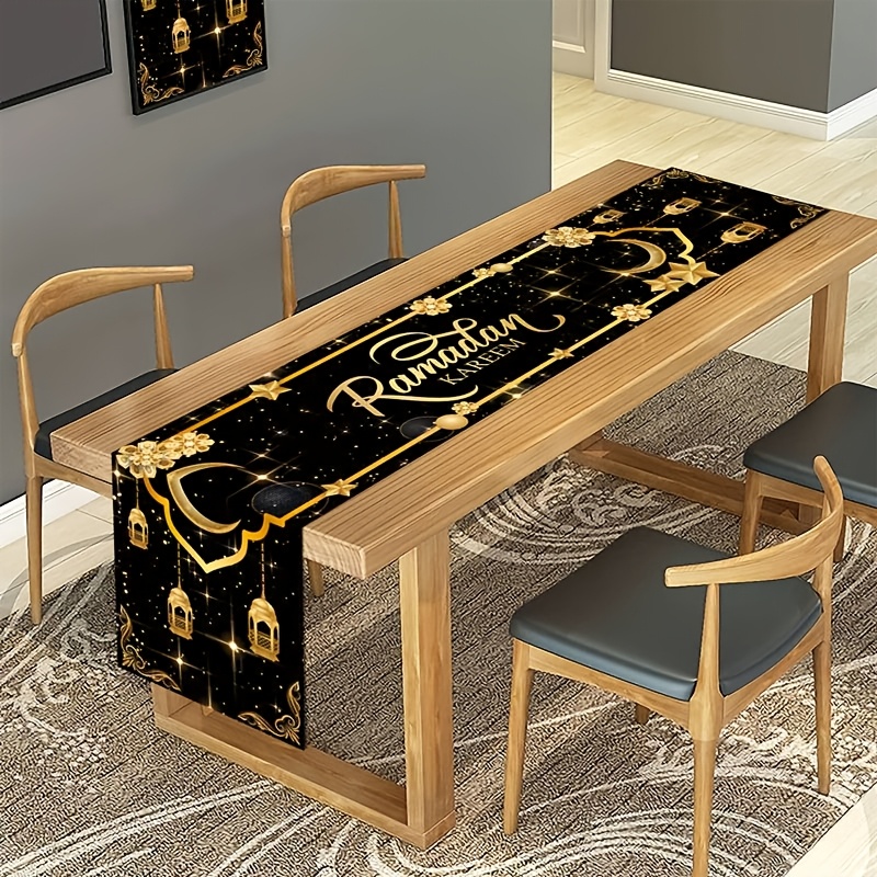 

1pc Eid Polyester Table Runner, 35x180cm, Black Lantern Design, Woven Rectangular Table Flag For Ramadan Decoration, Party Supplies, Eid Al-fitr & Decor