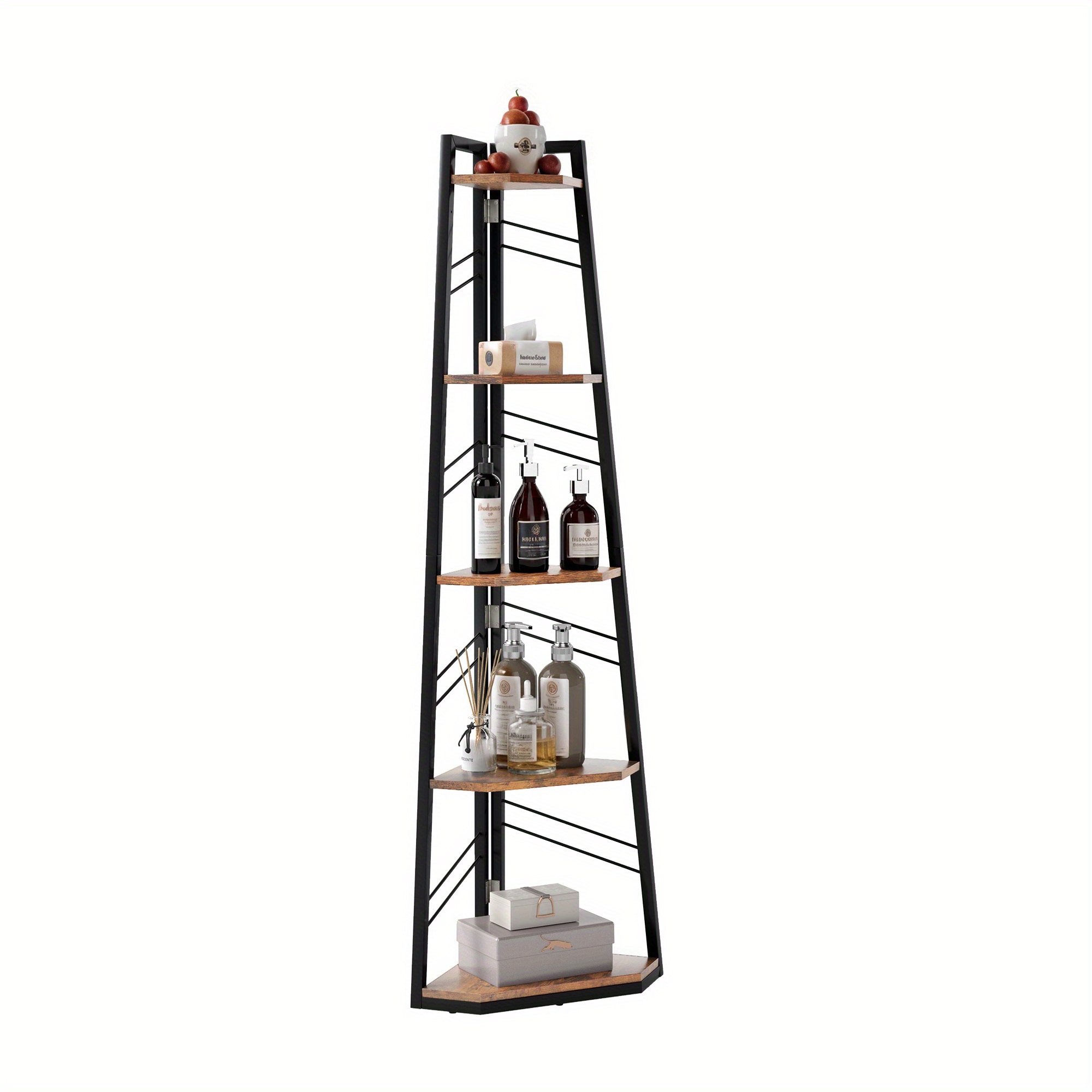 TEMU Industrial Style 5 Story Corner Bookshelf, Brown Wooden Display Rack, Floor Standing Trapezoidal Bookshelf, Bookshelf