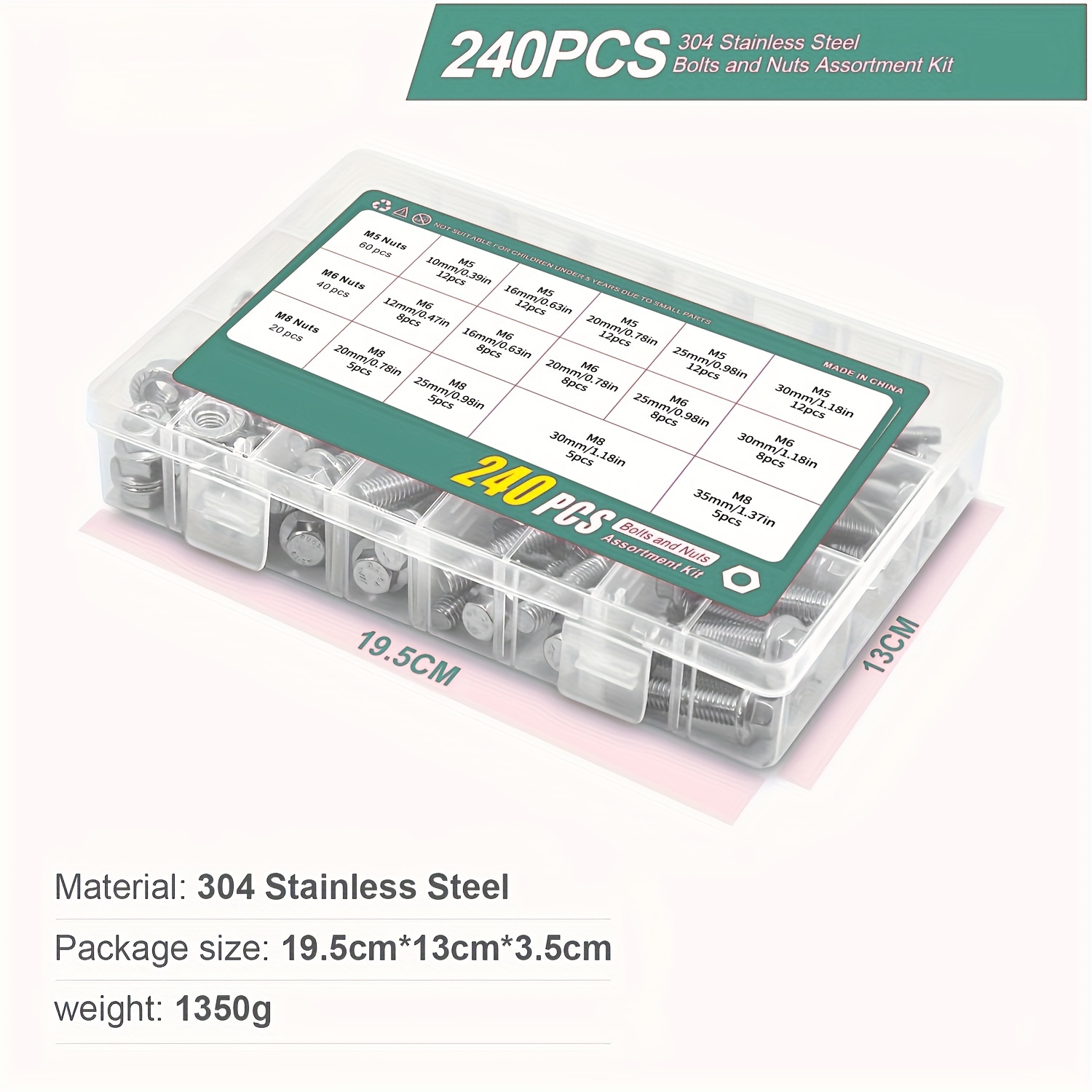 Kit 240 Bulloni E Dadi Flangiati M5 M6 M8 - Acciaio Inox 304, 14 Misure, Per Fai Da Te E Riparazioni