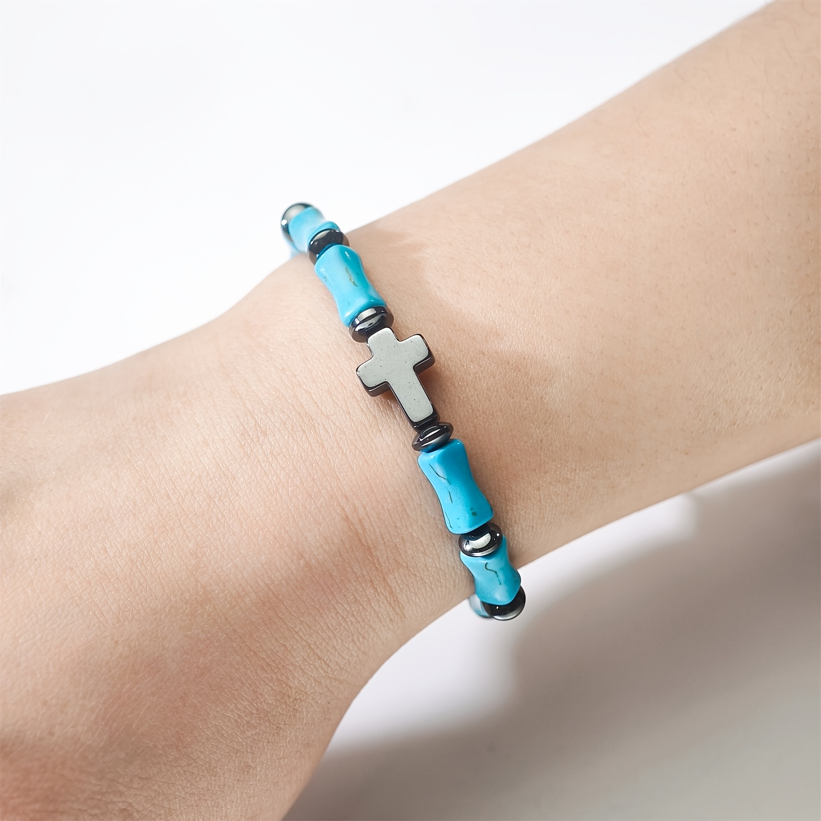 Beaded Bracelet with Cylindrical Stone Cross Element, Gift for Her