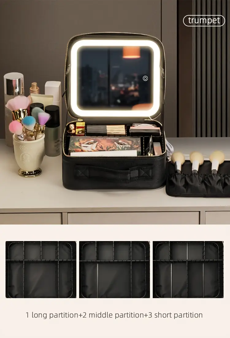 makeup travel bag with led lighted adjustable brightness portable makeup case with adjustable dividers make up train case organizer makeup brush accessories and tool case Product details 2