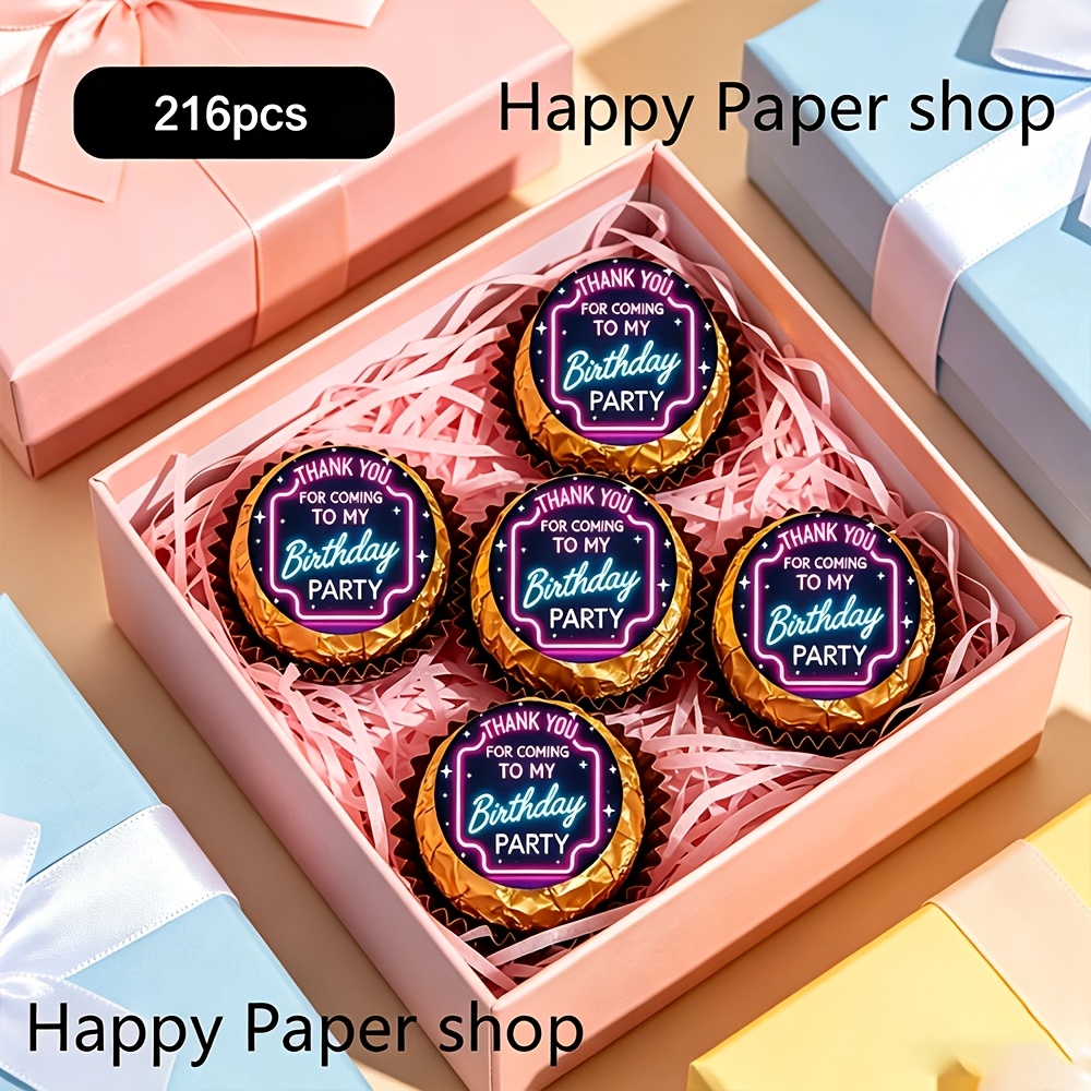 TEMU A "birthday Thank You" Themed Round Sticker With Neon Party Design, Retro Disco Style, Birthday Party Favors, Chocolate Wrappers, Gift Seals,