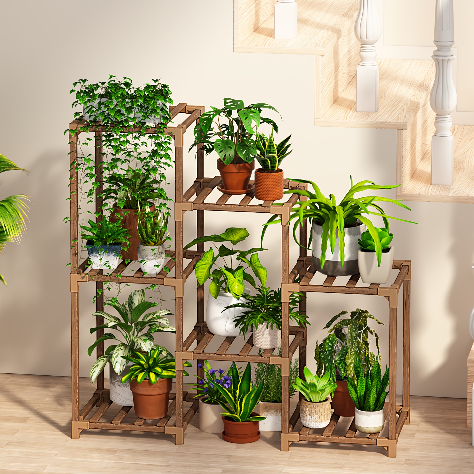 Image of Plant Stand Indoor Plant Shelf Outdoor Wood Plant Rack For Multiple Plants 3 Tiers Ladder Plant Holder For Living Room Patio Boho Home Decor For Gardening