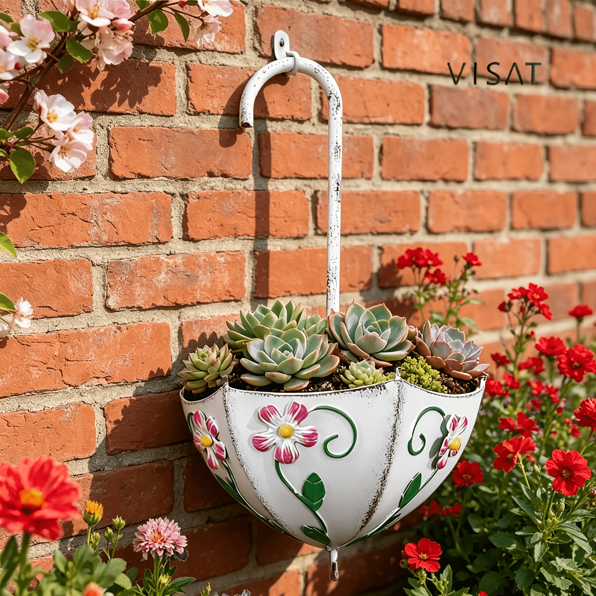 TEMU Creative Umbrella Shaped Flower Pot With Hand-painted Finish, Metal Hanging Planter For Succulent Display, Perfect For Balcony Walls, Garden