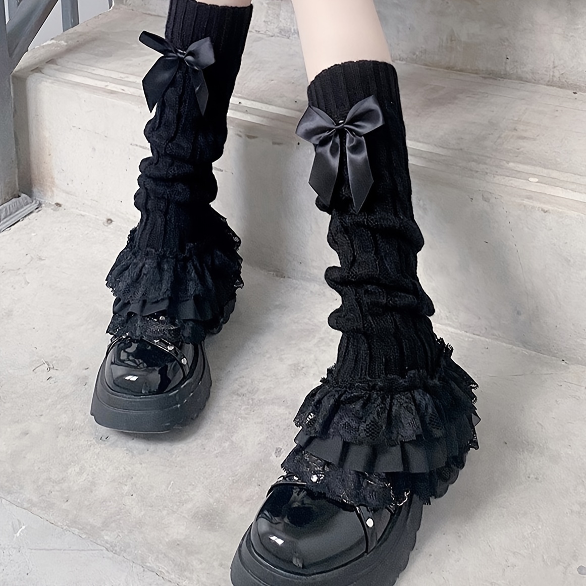 1 pair elegant black lace ruffle edge leg warmers bow detail - Temu