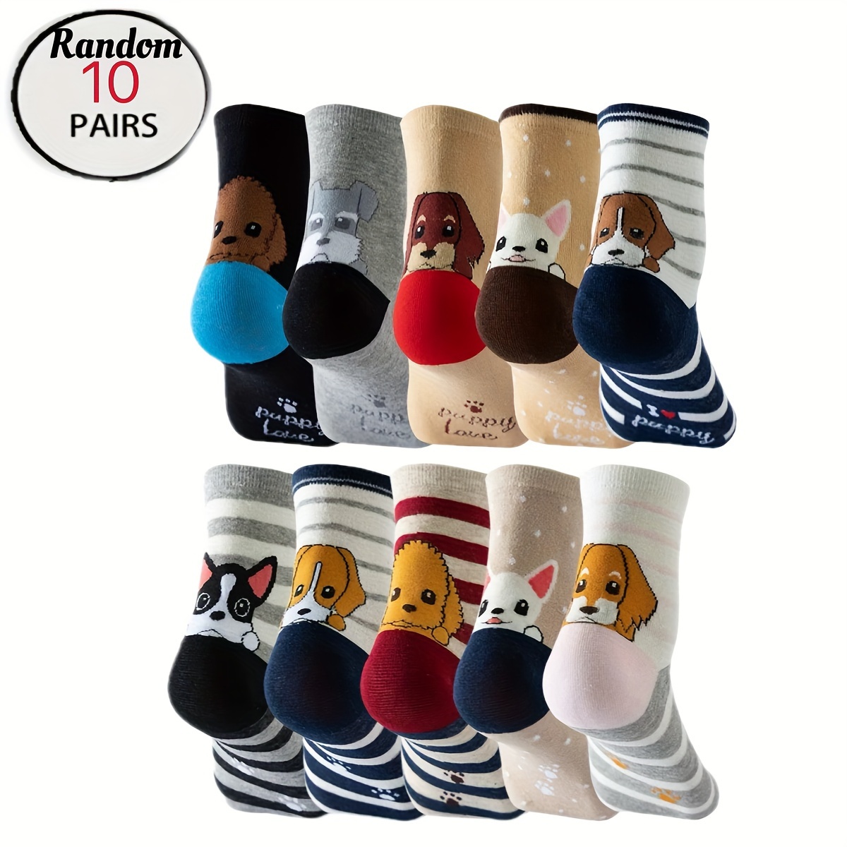 

10/15/20pcs Cute Cartoon Puppy Mid-calf Socks For Couples - Breathable Polyester , Machine Washable