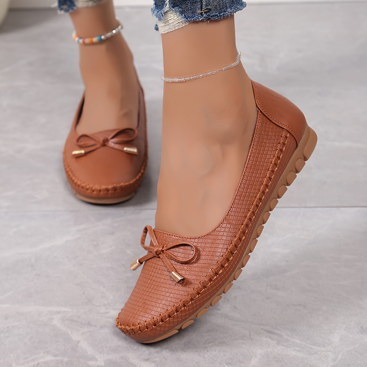 Solid Color Bow Flat Women's Shoes, Comfortable Slip-On Loafers