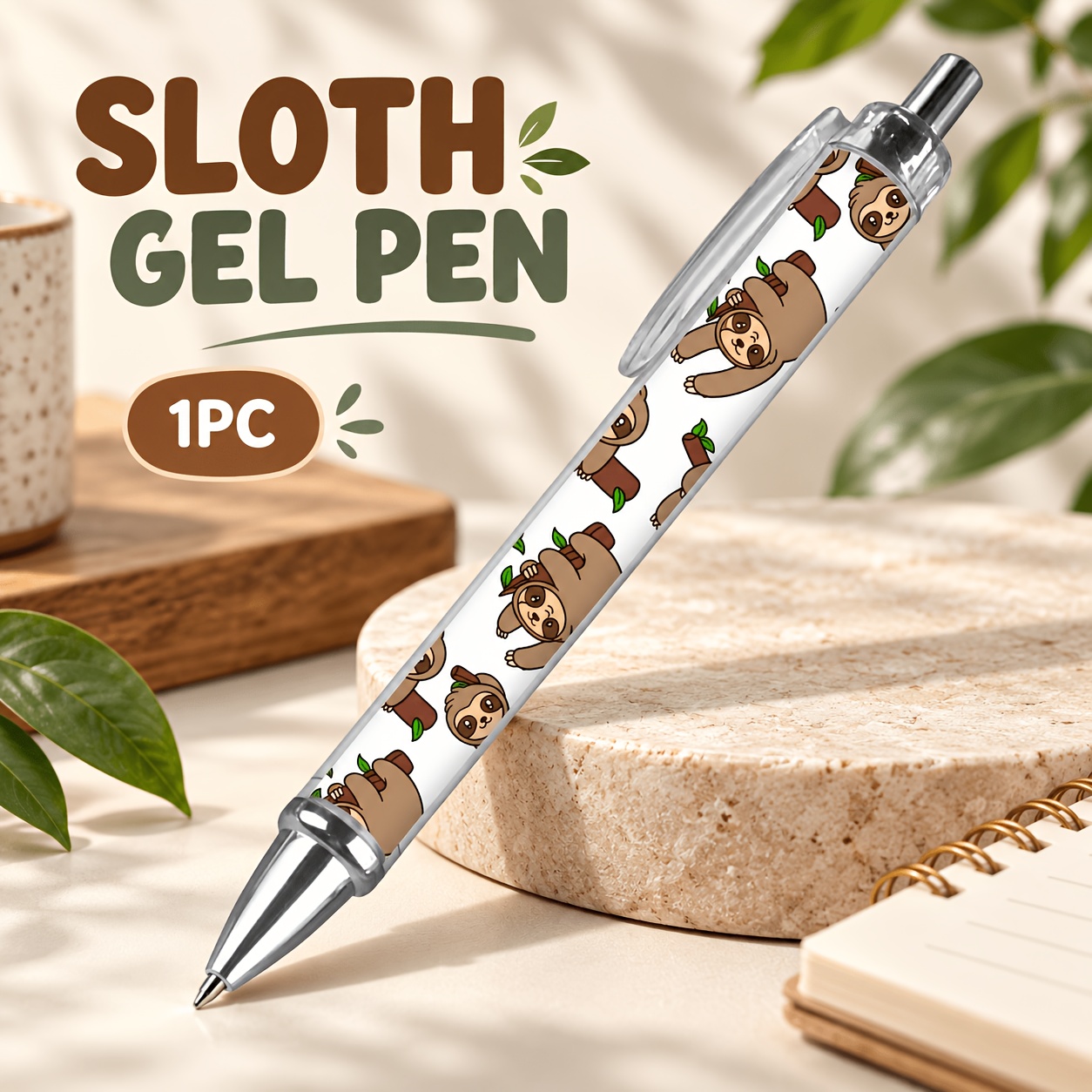 TEMU 1pc Sloth Pattern Retractable Gel Pen, Cute Animal Black Ink Writing Pen With Clear Clip For Journaling, Office, & Sloth Lover Gifts