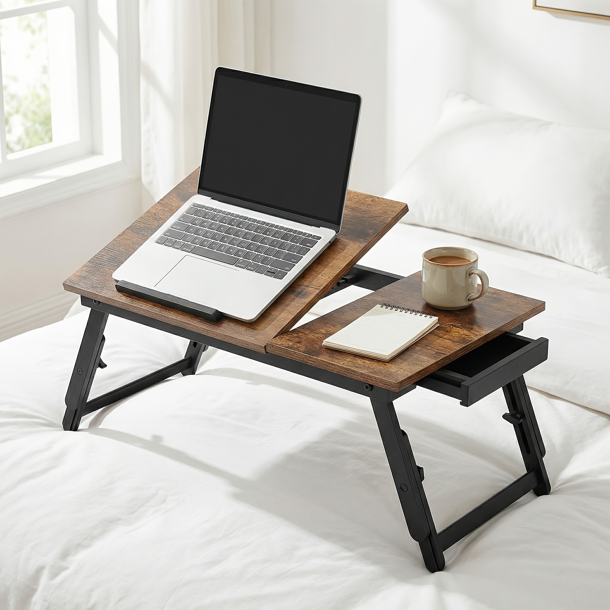 Foldable Adjustable Bed Tray Table With Tiltable Desk & Storage Drawer - Portable Laptop Desk Suitable For Working, Reading, Bedside, Compact Space-, /, Rustic Brown And Light Ivory