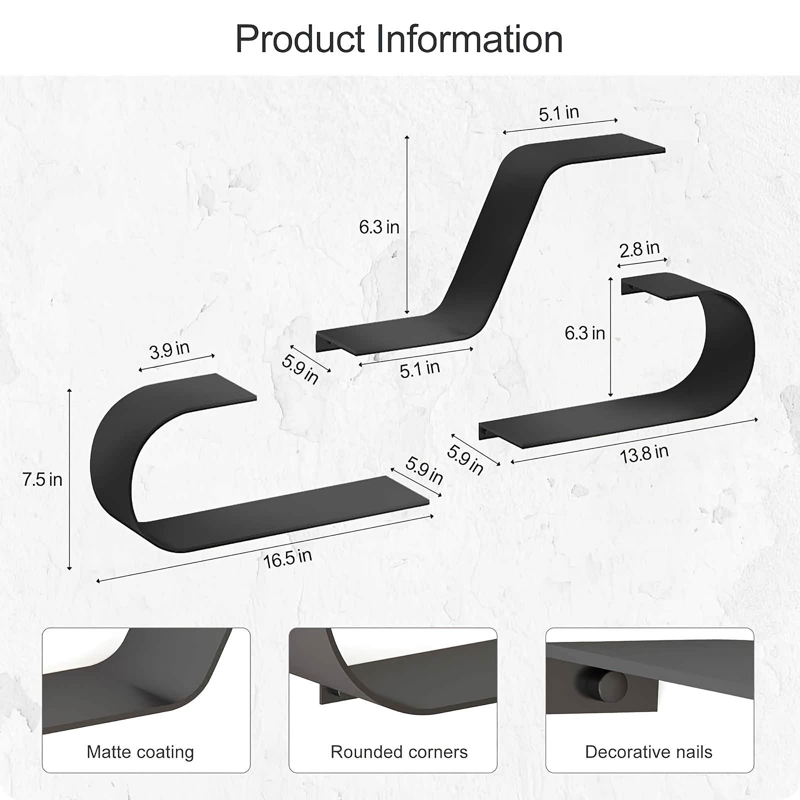 Black Floating Shelves Set of 3, Black Metal Decor, Unique Mounted Floating Shelf, Modern Long Wall Shelf, Large Wall Shelves for Bedroom, Bathroom, Living Room