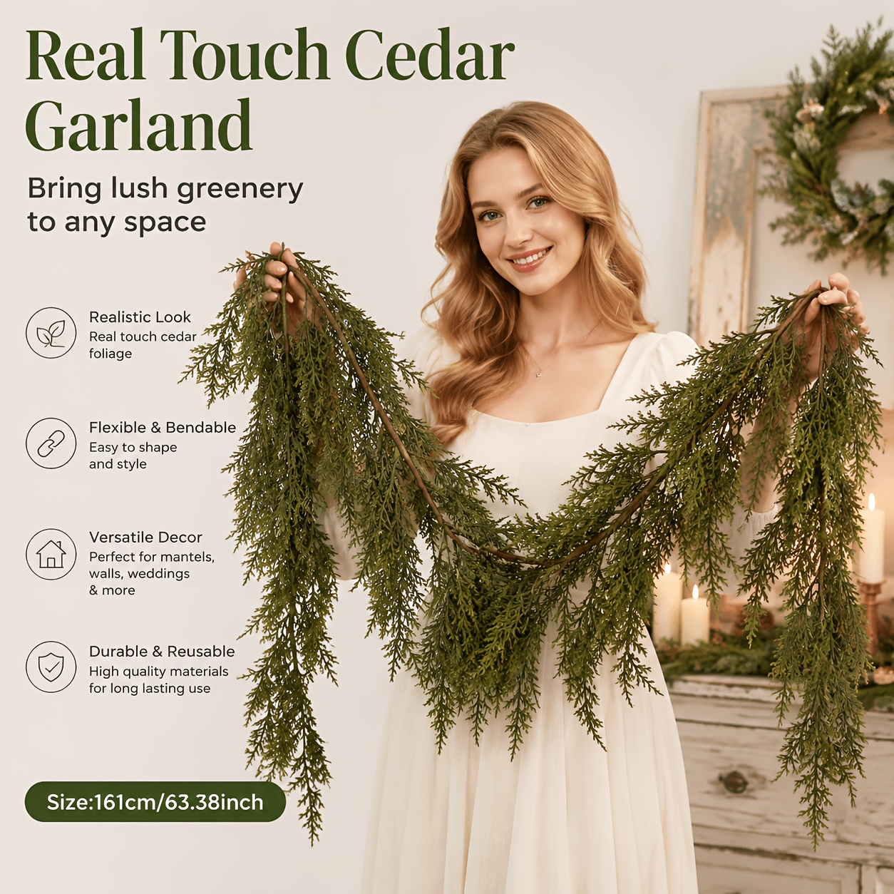 TEMU 63.38-inch Large Artificial Cedar Vine, Suitable For Mantels, Staircases, And - Realistic Evergreen Branches With Cedar/pine Needles,