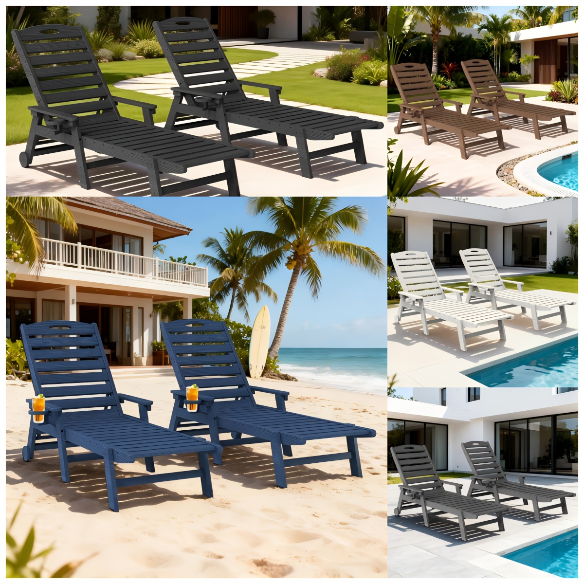 2pcs HDPE Wood Grain Outdoor Chaise Lounge Chairs, 78
