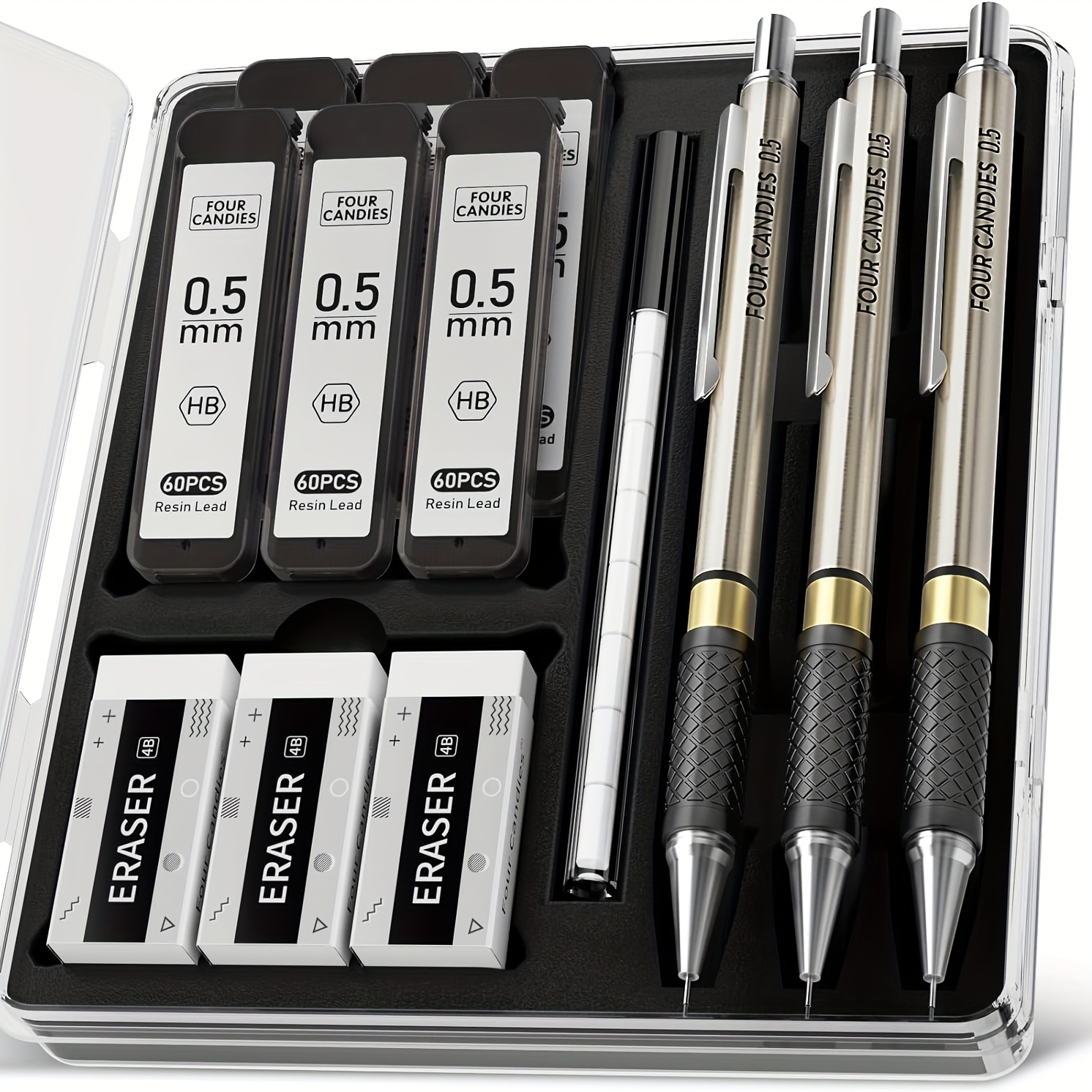 

3-pack Mechanical Pencils Set, 0.5/0.7/0.9mm, 360 Hb Leads, 3 Erasers, 9 Eraser Refills, Metal Barrel, Non-smudge, For Drawing, Writing, Sketching - Includes Protective Case