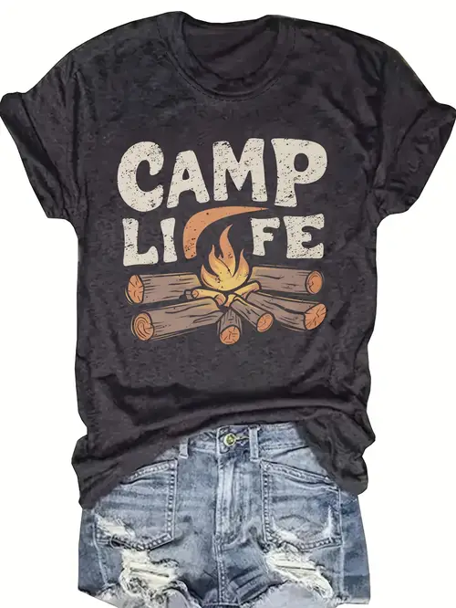 womens casual graphic tee round neck short sleeve blend activewear spring summer outdoor activities spring summer wear campfire motif shirt stretchy fabric top