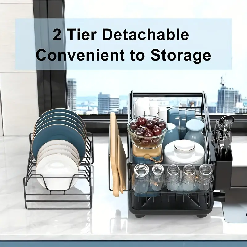 2 tier dish drying rack with drain board cutlery holder cutting board cup holder kitchen counter hooks rust proof large dish drain rack black Product details 2