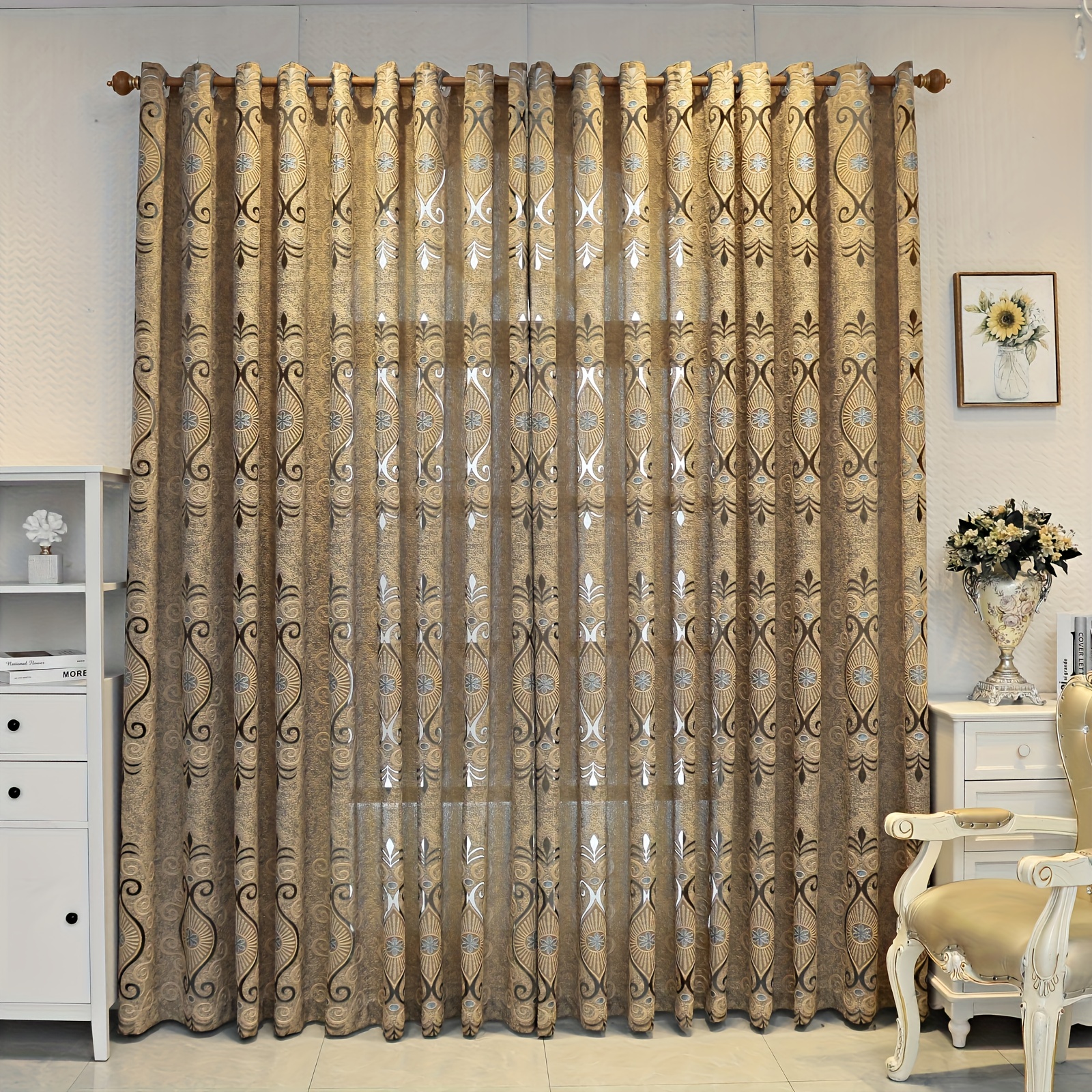 1 Pano de Cortina Europeia Retro Espessa - Gaze Jacquard Cor de Café com Desenhos Florais  7