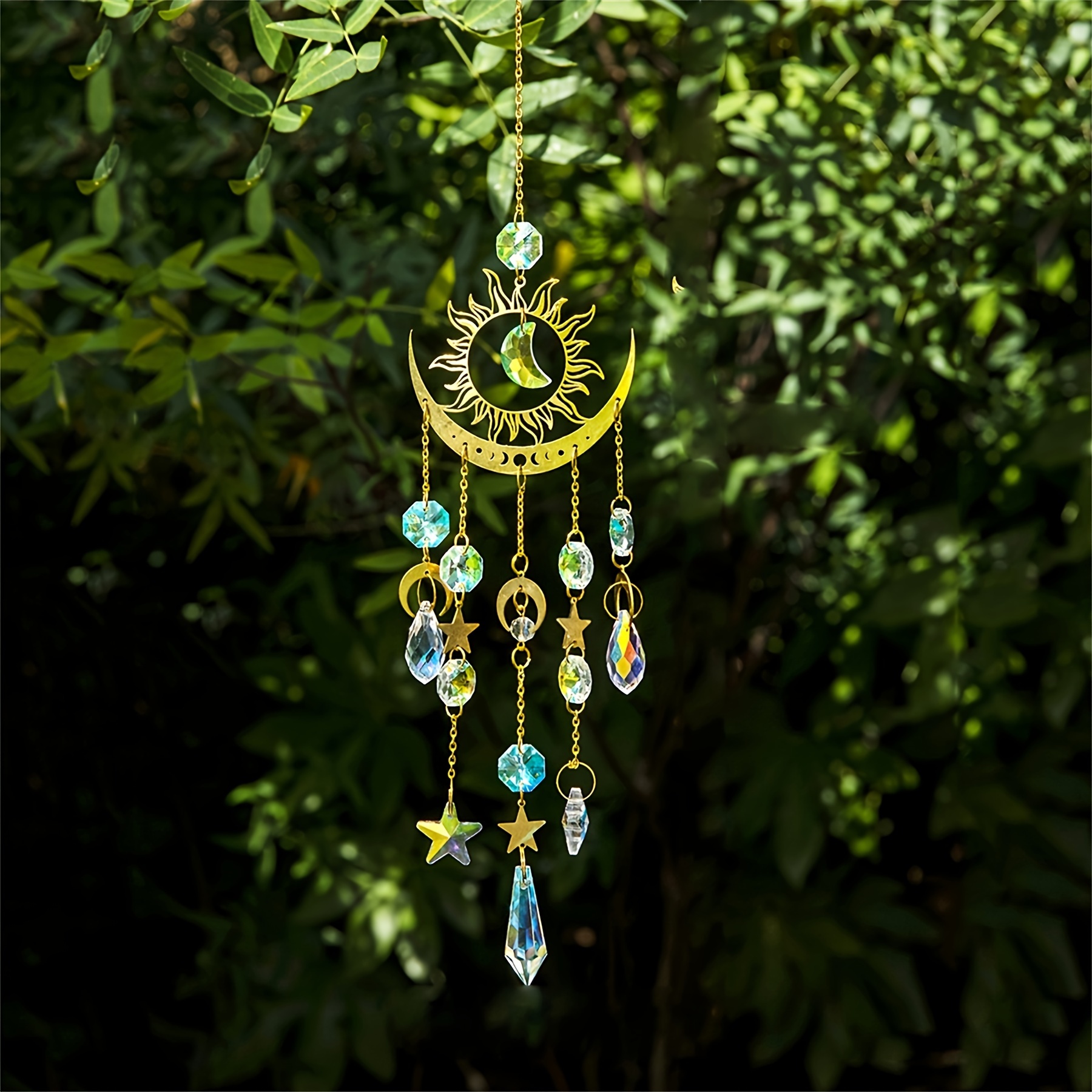 

Golden Flame Moon Crystal Pendant Suncatcher - Glass Outdoor Garden Hanging Decor, Sun Catcher For Room, Home, Window Decoration, And Festive Party Decor