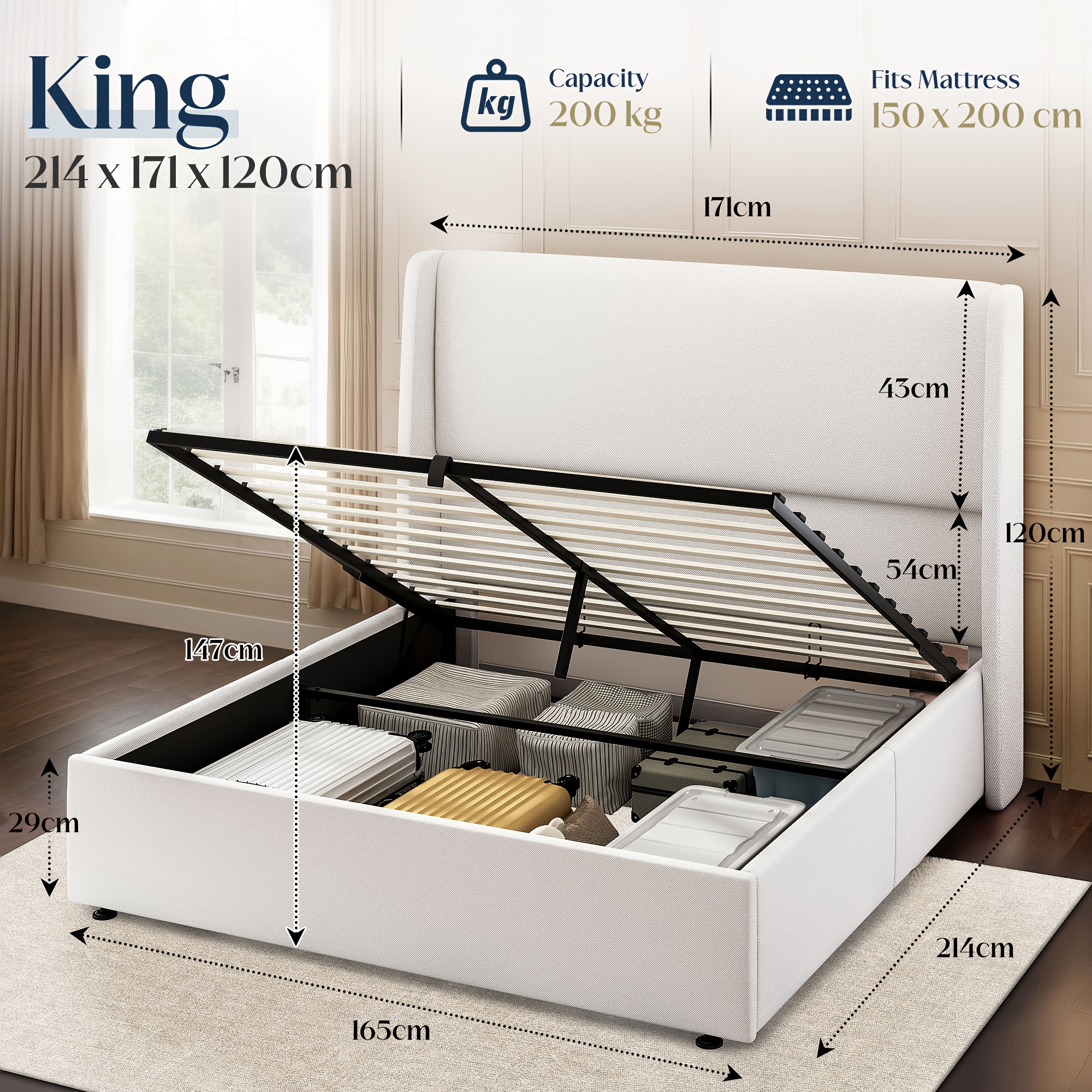 Luxoak Wingback Storage Bed-gas Lift Hydraulic Base, Wood Support Slats, Upholstery
