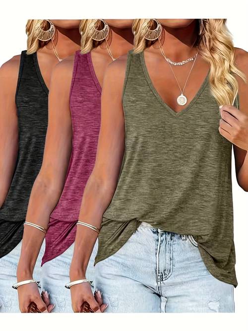 item picture 3pcs set womens summer stretch casual loose v neck top and tank
