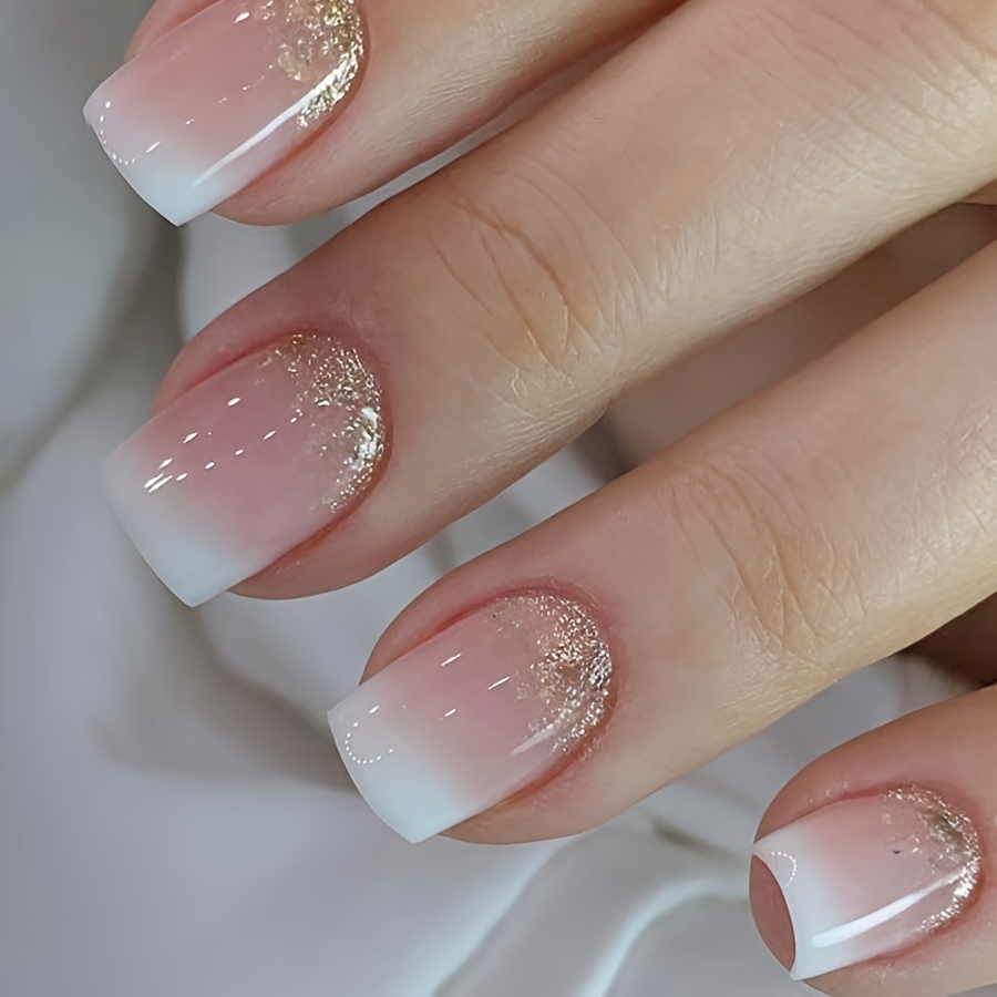 24pcs Short Glossy Square Nails, European And Soft Nude Pink With , Gradient Glitter Nails, Daily Nails For A Brightening Effect, Press-on Nails, Fashionable And Versatile Detachable False