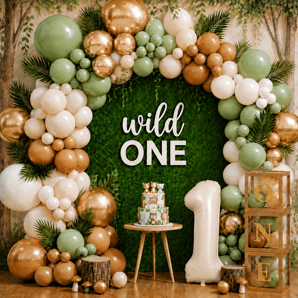 Image of Balloon Arch Kit Balloon Garland Kit, Sage White Brown Nude Metallic Balloons With Cream Number 1 Foil Balloon For Wild 1 1st Birthday Decorations, Shower Party Supplies