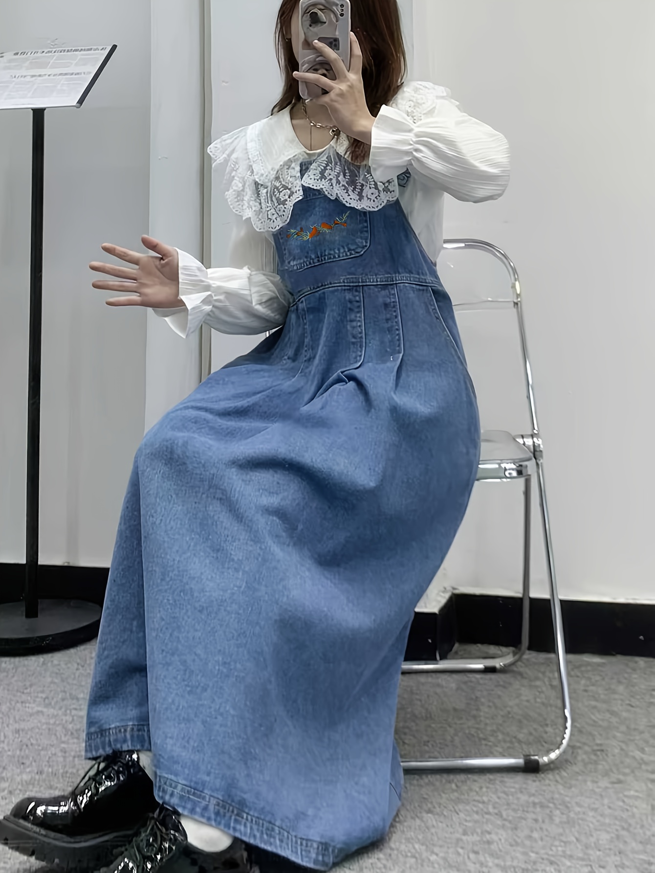 korean clothes denim dress Stylenanda] High Waist A-Line Denim Dress