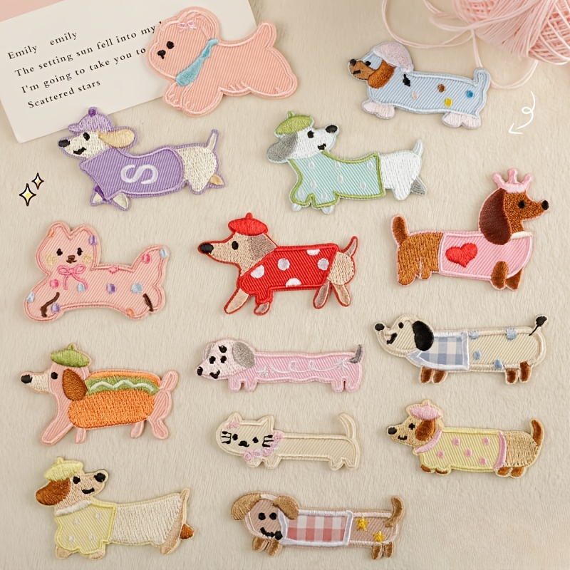 Image of 14pcs Cute Cartoon Sausage Dog Self-adhesive Embroidery Patch Is Suitable For T-shirt Cowboy Hat, Trousers, Shoes, Clothing, Backpack Repair And Luggage Notebook Decoration Accessories.