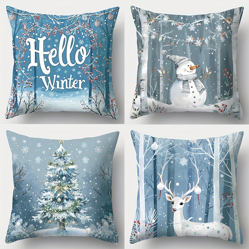 

4pcs Christmas Pillow Cover Set - , Snowman & Reindeer Designs - Zippered Polyester Cases For Decor (pillow Inserts Not Included)