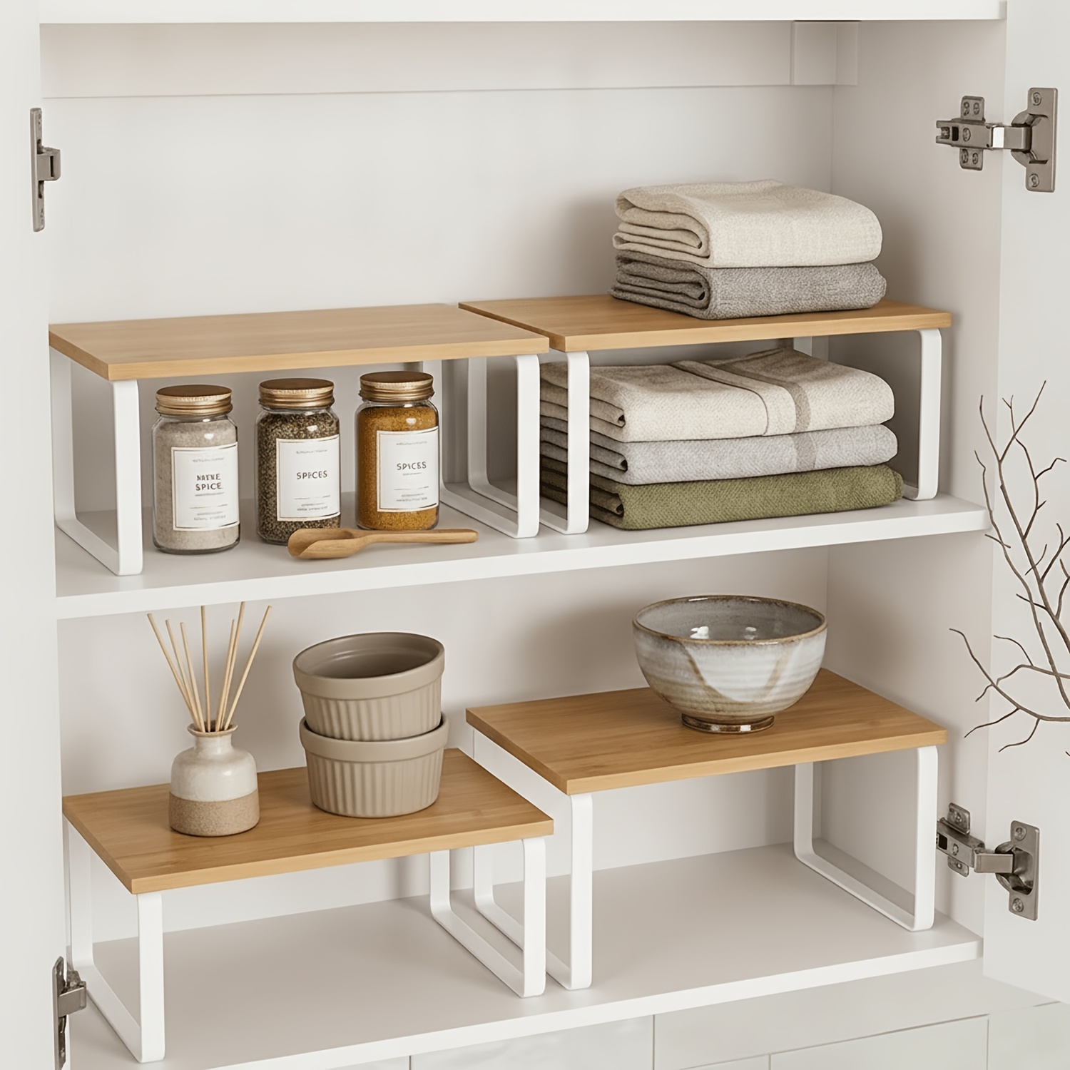 TEMU Set Of 2pcs Adjustable And Stackable Shelf Organizers - Versatile Wooden Storage Rack For Kitchen Counters, Spices, Bathrooms, And Pantries -