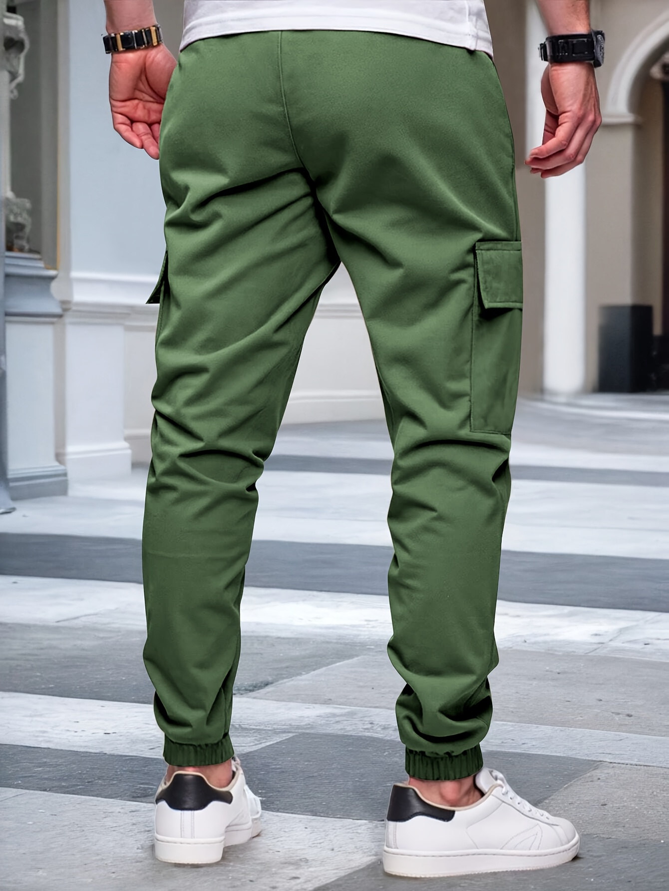 mens casual solid color cargo pants with elastic waist and side pockets comfortable for outdoor activities regular fit details 5