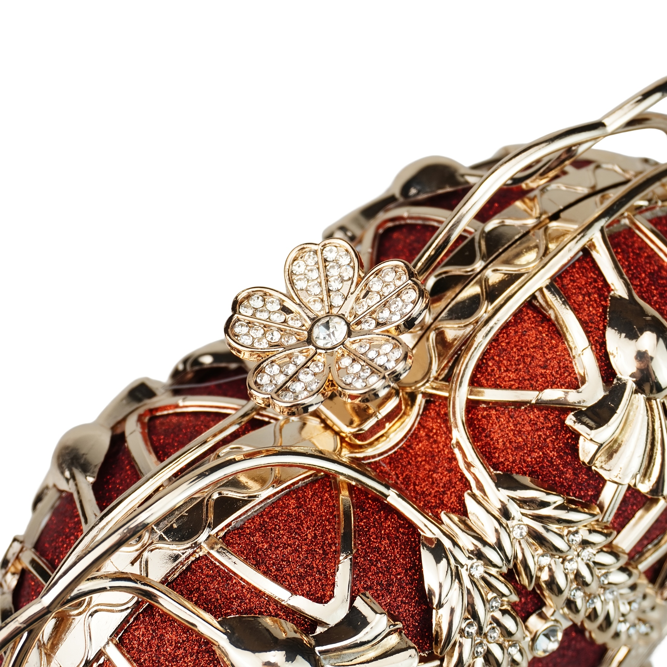 Luxury Red Rhinestone Apple Clutch - Elegant Floral Design Metal Handbag with Golden-Tone Hardware, Sparkling Crystals & Polyester Lining, Perfect for Evening Events, Gifts, and Christmas