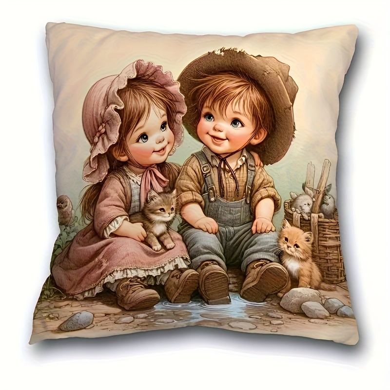 TEMU 1pc Bohemian Style Pillowcase Featuring A Little Girl And Boy, Suitable For Decorating Living Rooms, Bedrooms, And Offices. Made Of Polyester