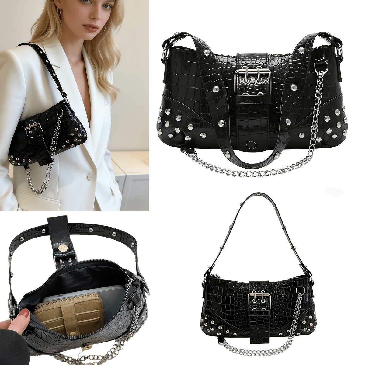 E-shop Y2K Punk Hobo Tasche für Damen mit Pailletten - Metall Fransen Ketten Schultertasche mit Quaste, Goth Grunge Handtasche zum Ausgehen, Metall