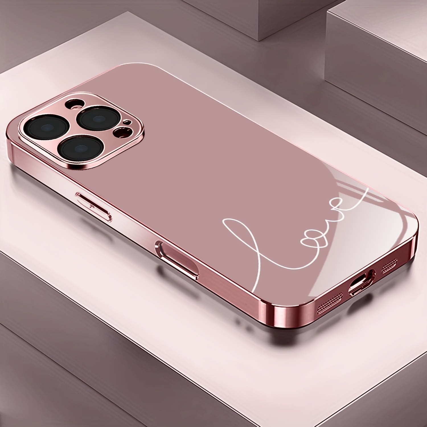 TEMU Phone Case - High-end Love Pattern Rose Golden Electroplated Pink Phone Case Protective Cover Suitable For Iphone Pro 17 Air 17 Pro 16 Pro Max