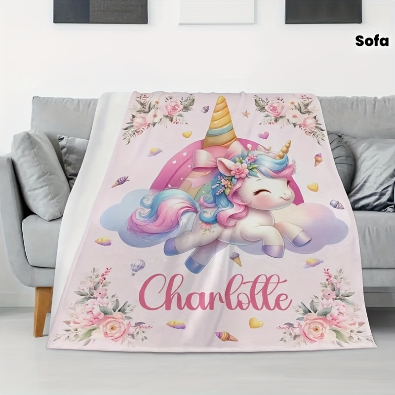Personalized Name Flannel Blanket with Unicorn and Floral Design