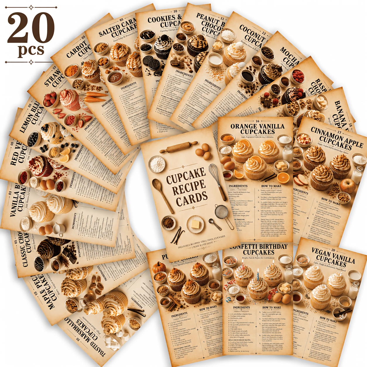 TEMU 20pcs (20 Sheets) Vintage Baking Recipe Cards Suitable For Home Bakers, Beginners With 20 Flavor Cupcake & Dessert Guides, Ingredient Lists,