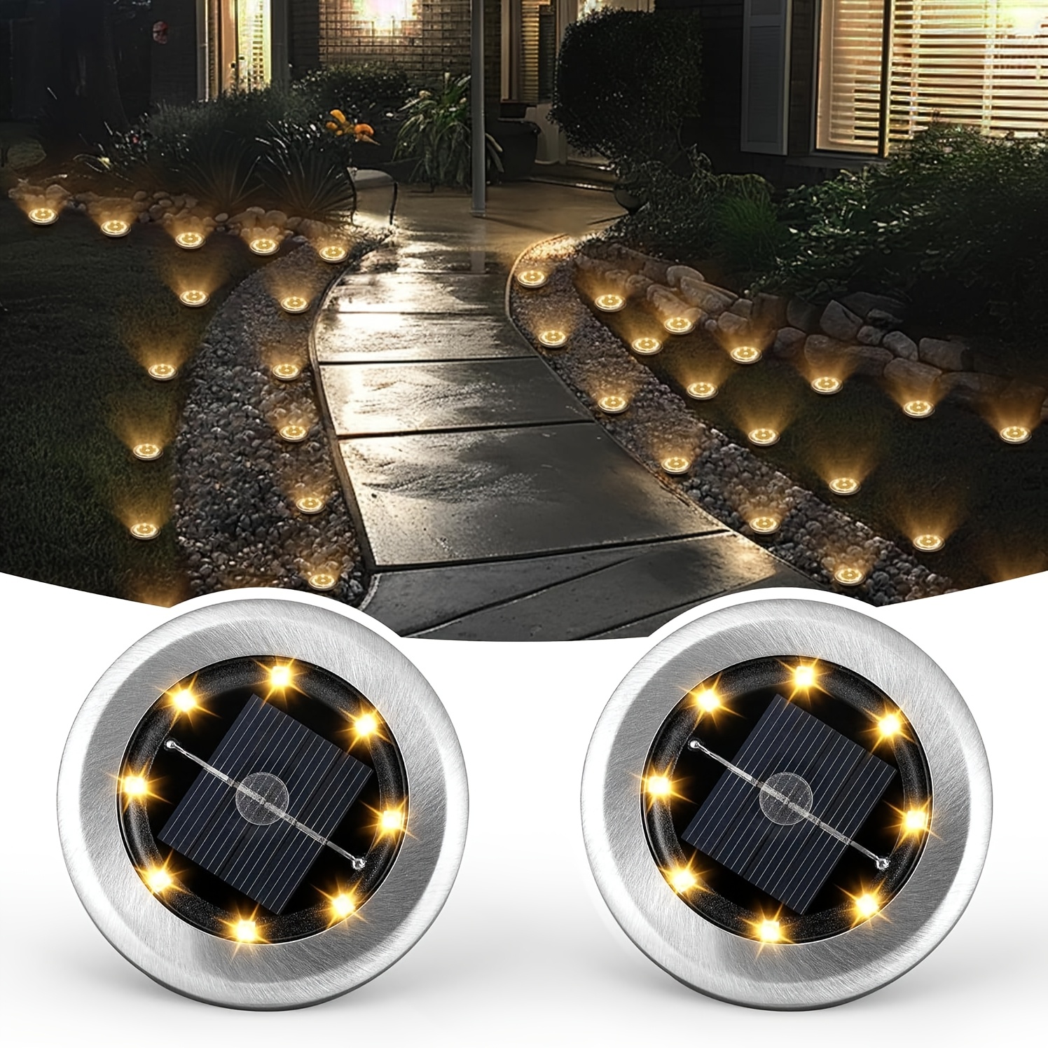 TEMU Lot de 2 lampes solaires de sol, lampes à disque LED en acier inoxydable pour paysage extérieur, projecteur de sol à capteur intelligent pour