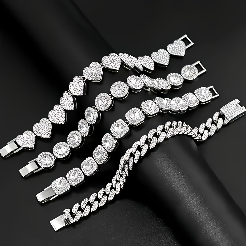 TEMU 4pcs Luxurious Women Multi-layered Bracelets Set Exquisite Shiny Full Cubic Synthetic Zirconia Heart/round Geometry Cluster Fashion Cuban