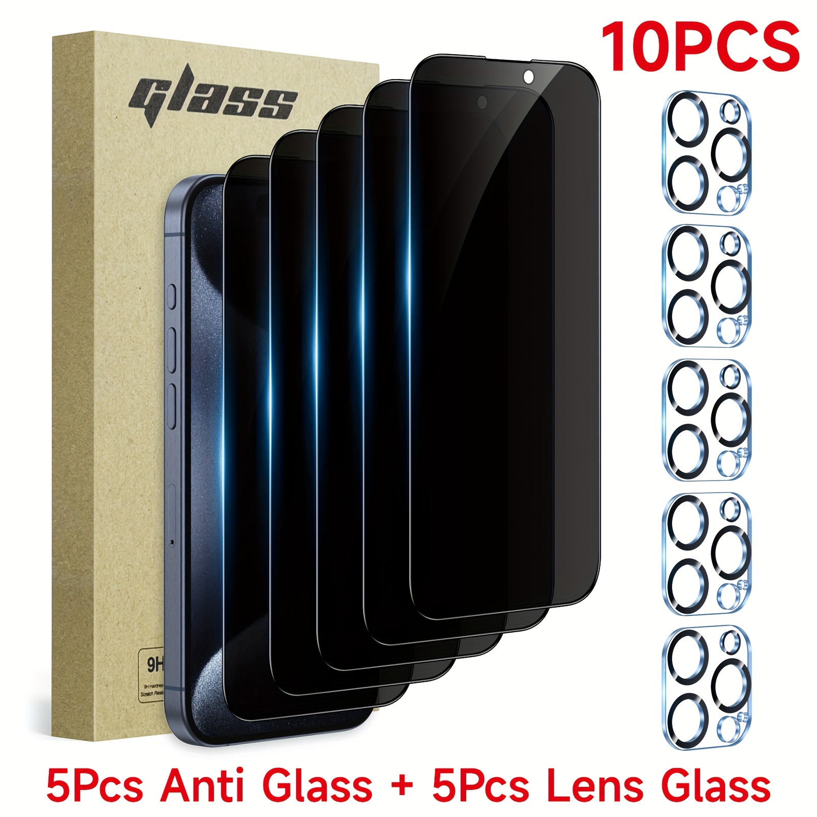 

10pcs 5+5pcs Suitable For Iphone 11/12/12/13/14/ Max, Plus Models, Privacy Screen Protector And Camera Lens Protector Full Coverage Anti-peep Tempered Glass Film 9h Hardness Protection No Bubbles