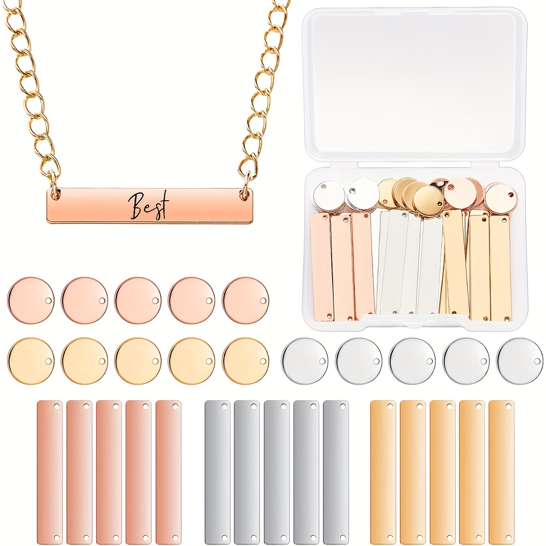 Image of 30pcs Metal Stamping Pendants For Jewelry Engraving Includes 15 Rectangle Stamping Blank Bar Charms Brass Tag, 15 Round Blank Name Pendant For Diy Craft
