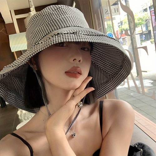 wide brim bucket hats for women fashion plaid print outdoor fisherman hats for travel beach hiking