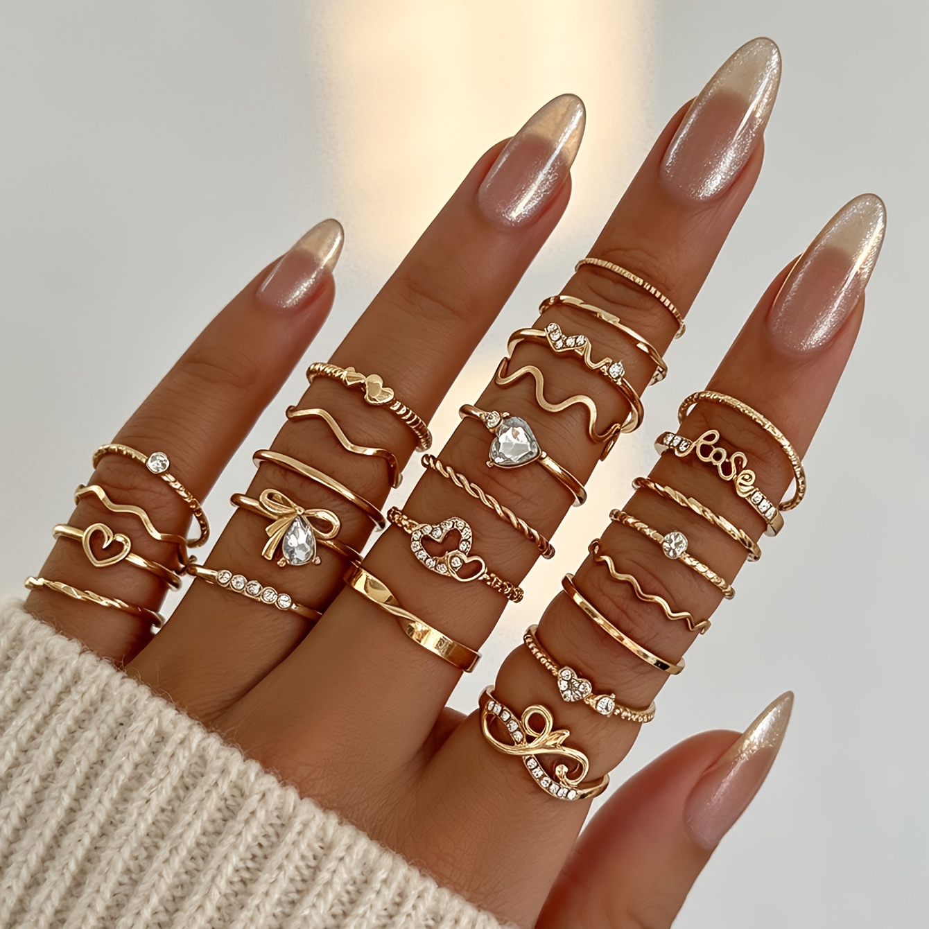 TEMU 25pcs Set Alloy Stacking Ring Set, Fashionable Retro Elegant Personalized Thin Ring Geometric Stacking Ring Set, Wave Heart Bow Letter Rose