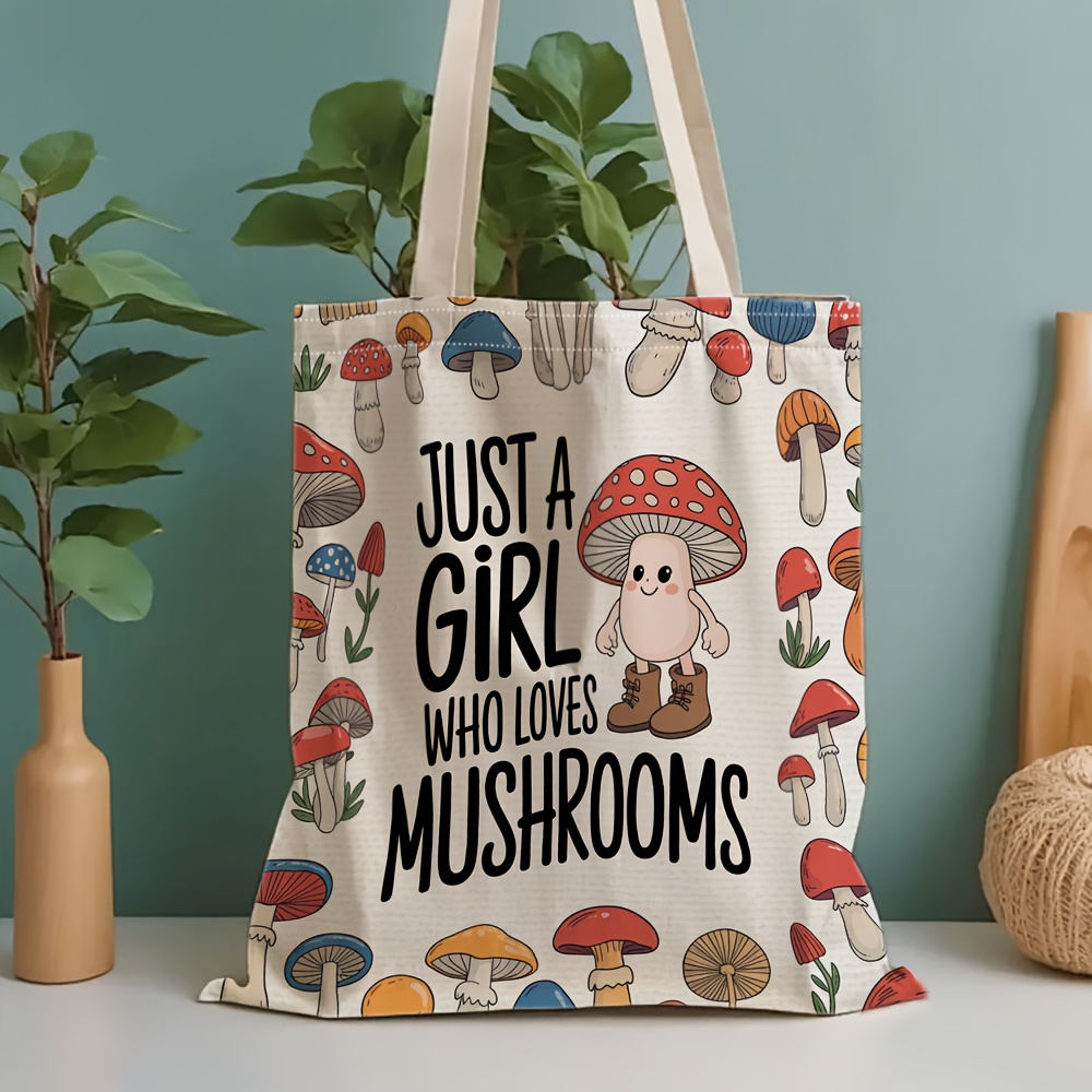 Image of Cute Mushroom Print Canvas Tote Bag - Reusable Spacious Women's Shoulder Bag For Commuting, Travel, Shopping, School - Perfect Gift For