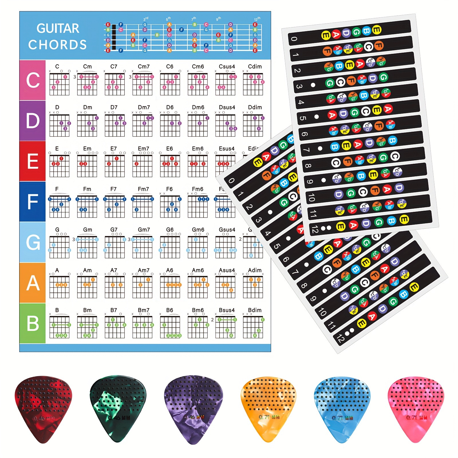 

Guitar Stickers With 6 Plectrums, 1 Guitar Chord Chart, Tabletop Mounting, Pe Material, Beginner's Essential Learning Tool