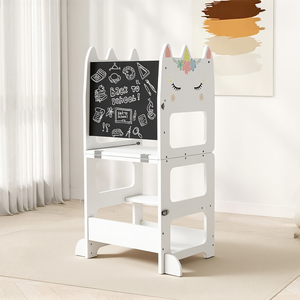 Wooden Foldable Learning Tower with Blackboard - 3-In-1 Step Stool And Assisted Standing Tower, Foldable Kids Table And Chair Set, for Toddlers 18+ Months