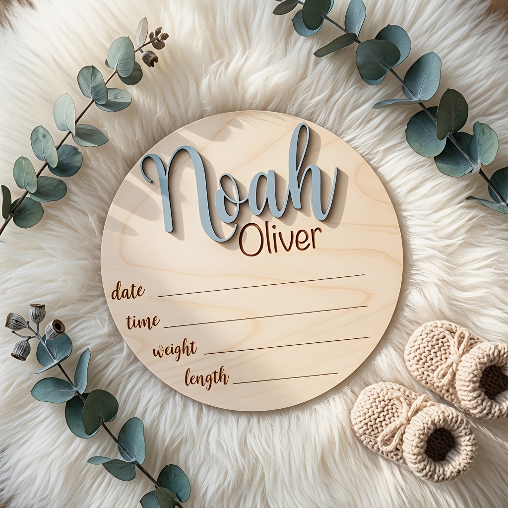 TEMU Personalized Baby Birth Wooden Sign, Custom Name Birth Announcement Plaque, Round Newborn Photo Prop, Baby Shower Keepsake Gift, Nursery Decor