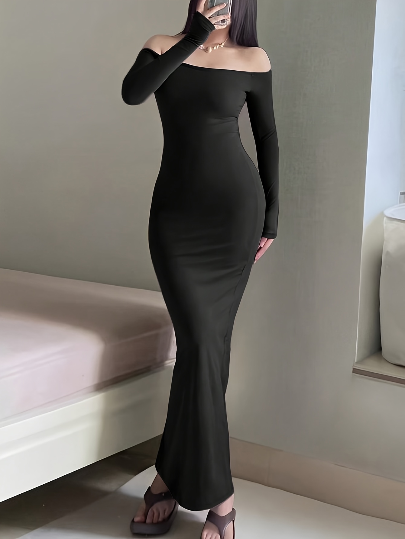 elegant shoulder long sleeve bodycon dress women stretchy - Temu Spain