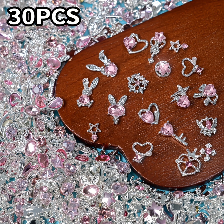 TEMU Set da 30 pezzi di accessori per nail art con strass lussuosi metallici scintillanti assortiti, con tra cui fiori, , e , luccicanti per charms