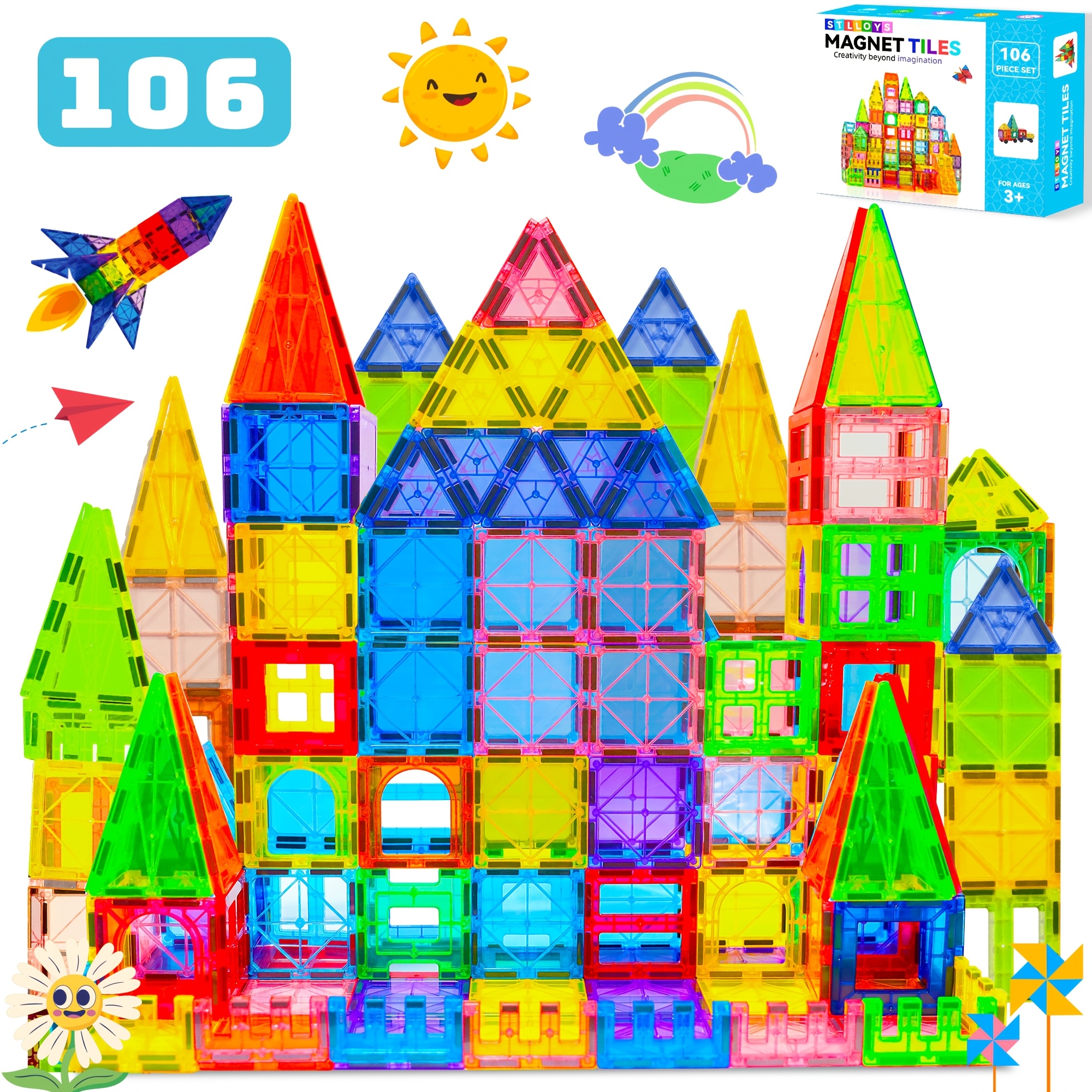 136/106pcs Magnetic Blocks With 2 Cars, Magnetic Tiles Kids Toys, Magnet Tiles 3D Clear Building Blocks Set, STEM Sensory Educational Toys, Birthday Gift For Kids Boys Girls 3 4 5 6 7 8 9+ Year Old